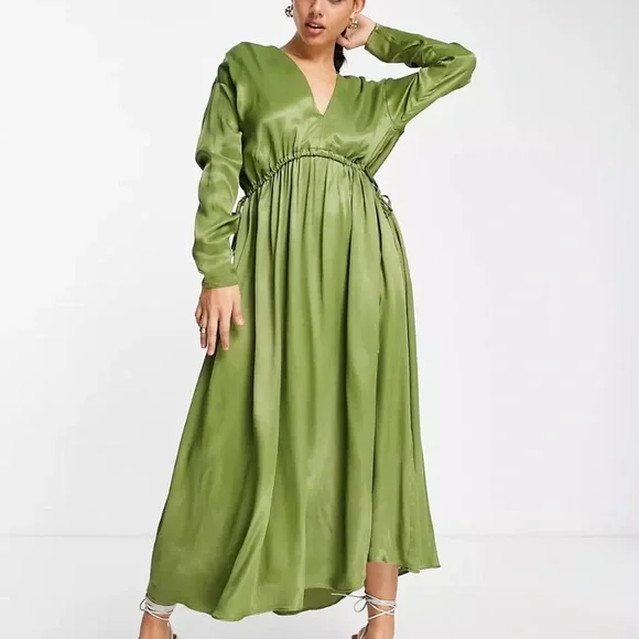 ASOS | Dresses | Nwt Satin V Neck Oversized Midi Dress With Drawstring In  Olive Green | Poshmark